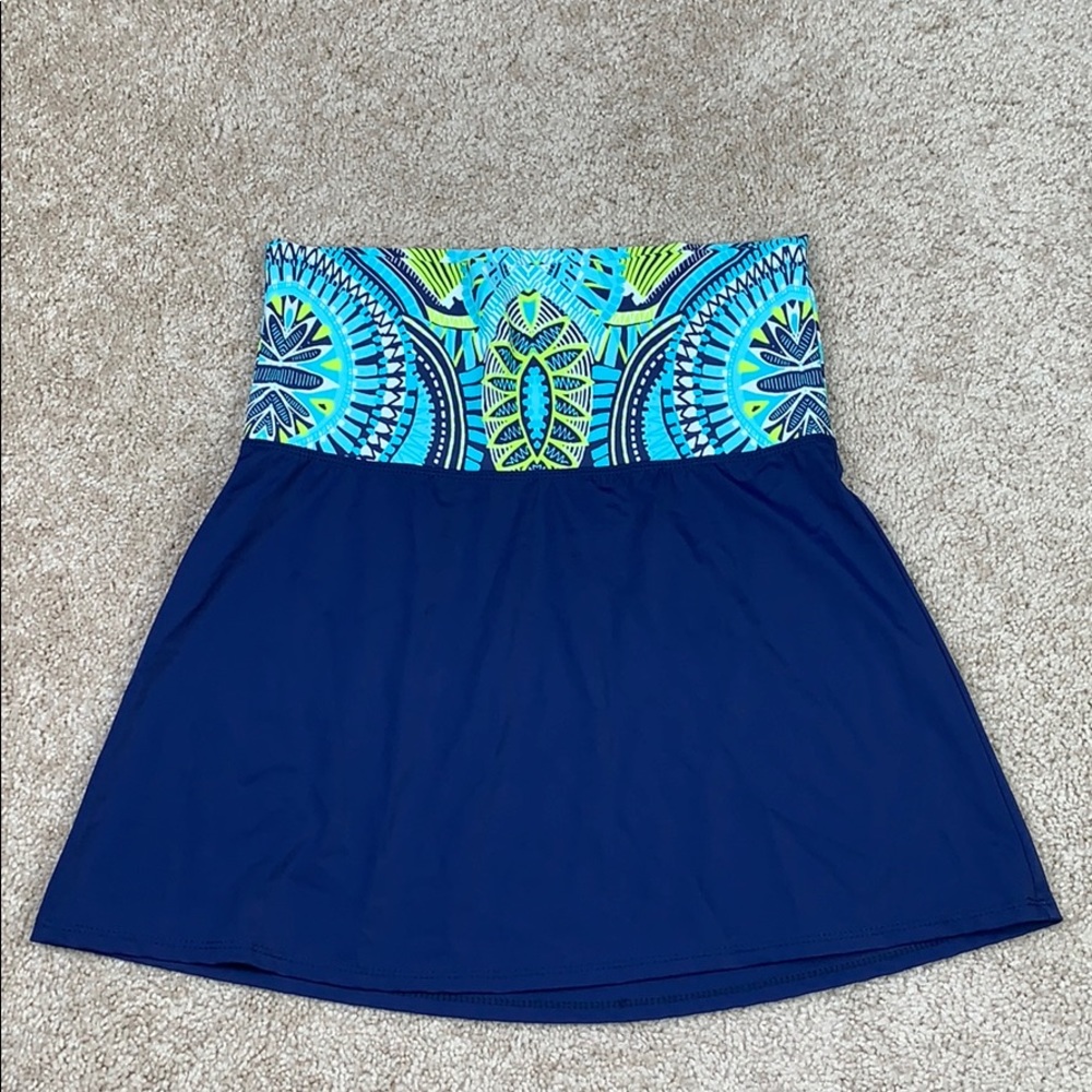 Title Nine Blue Swim Skirt with Turquoise & Lime Printed Waistband